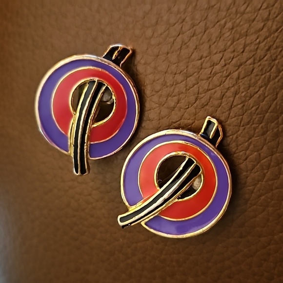 Vintage 1990s Funky Spaceage Atomic Cloisonne Bullseye Clip-on Earrings - Picture 3 of 5